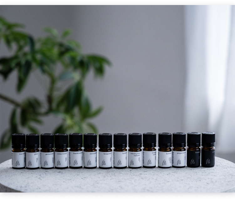 テーブルの上に一列にならんだたくさんの精油