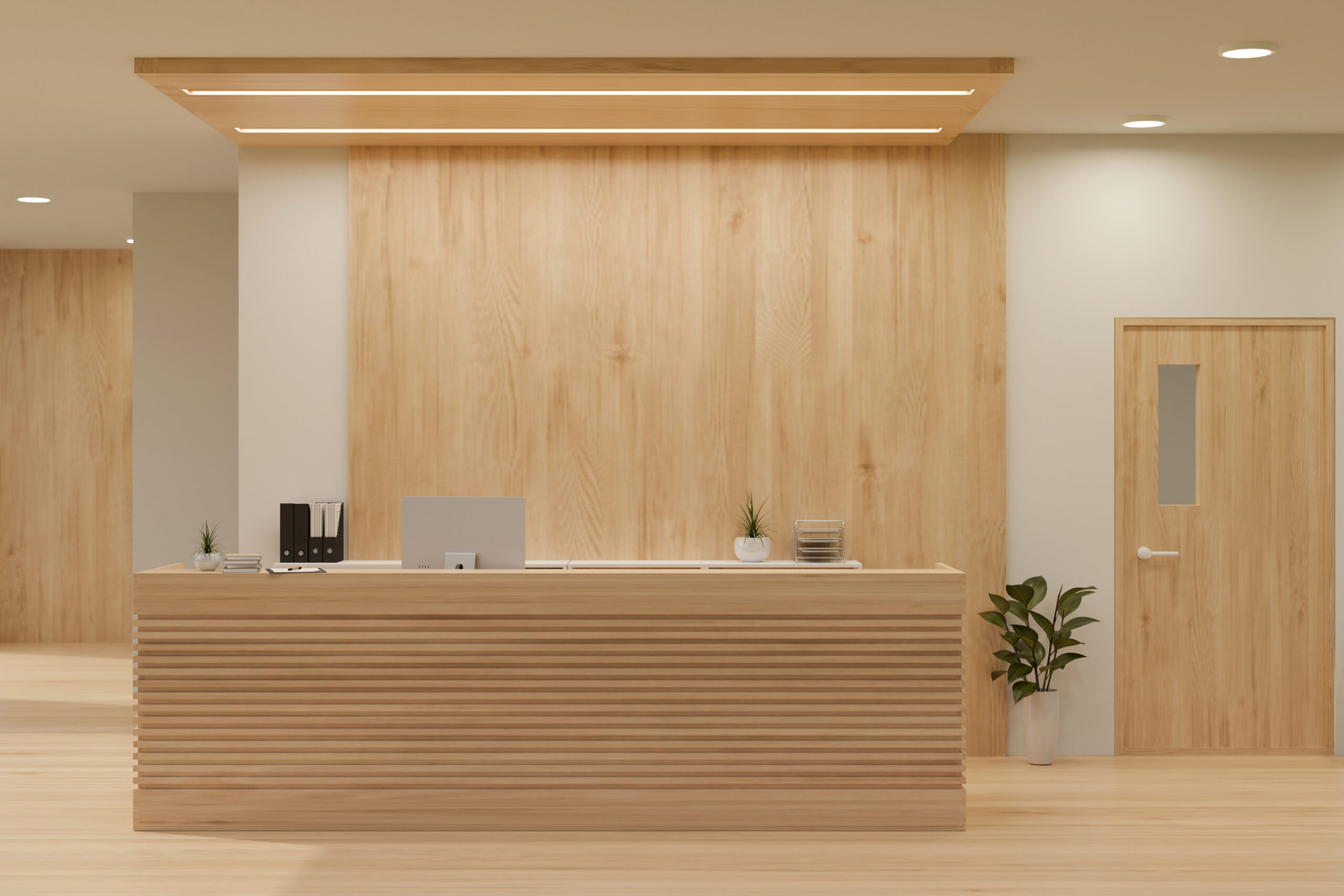 一面木のオフィスの受付カウンター。